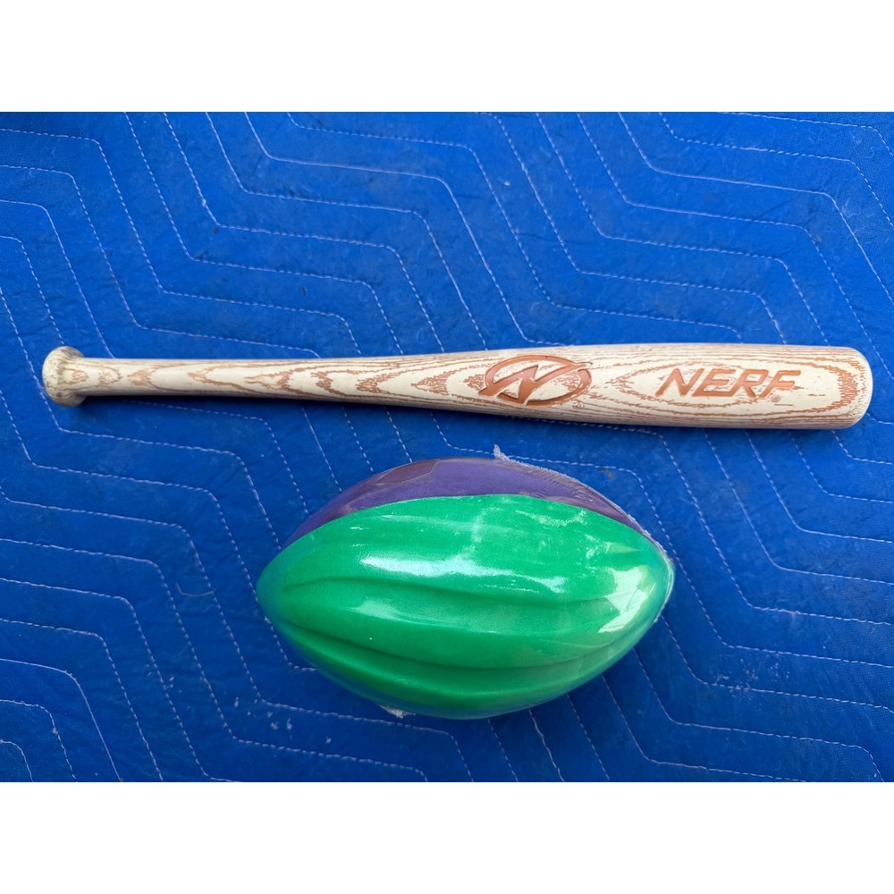Vintage Nerf Foam MLB Baseball Bat Faux Wood Grain 18" Mini Bat + New Football